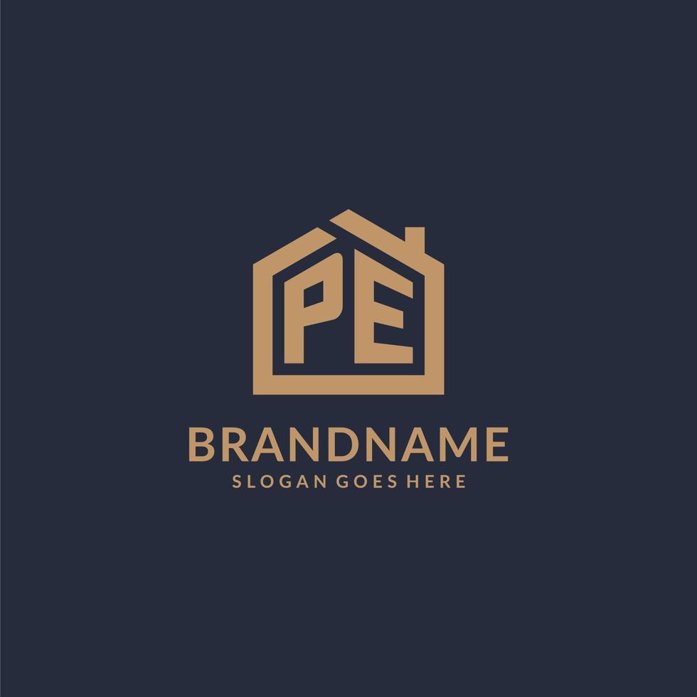 Initial letter PE logo with simple minimalist home shape icon design vector