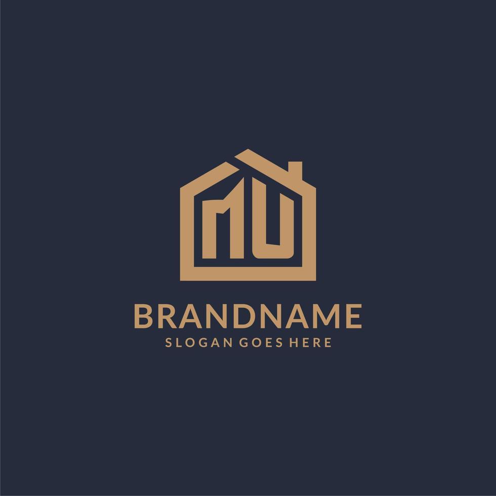 Initial letter MU logo with simple minimalist home shape icon design vector