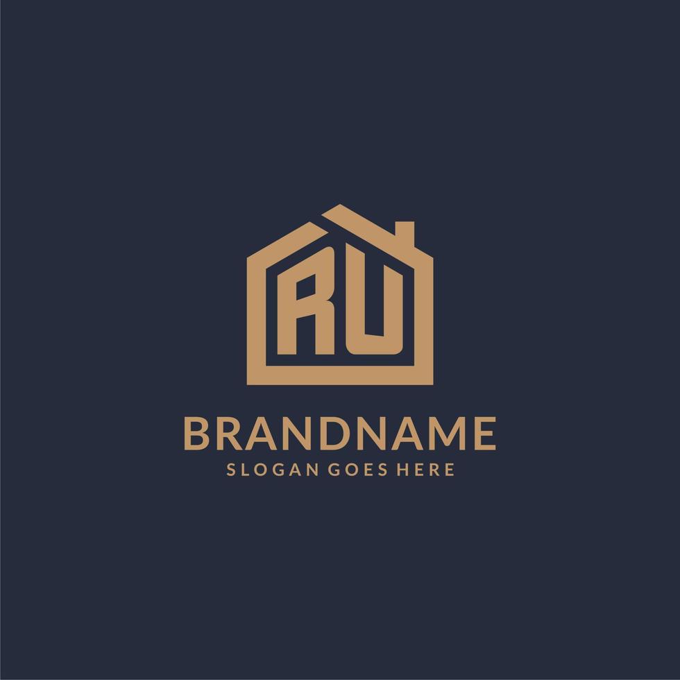 Initial letter RU logo with simple minimalist home shape icon design vector