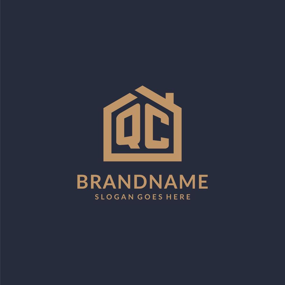 Initial letter QC logo with simple minimalist home shape icon design vector