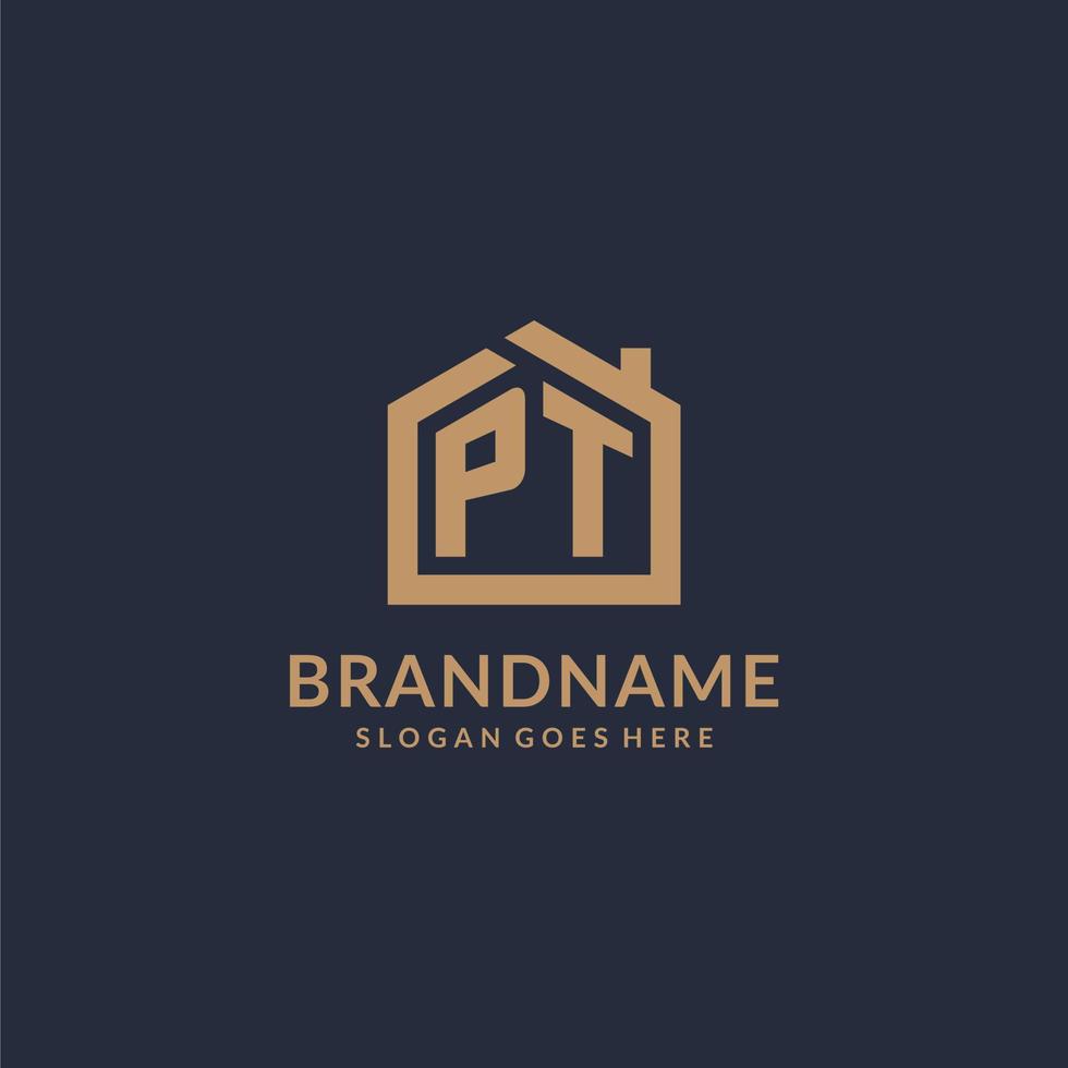 Initial letter PT logo with simple minimalist home shape icon design vector