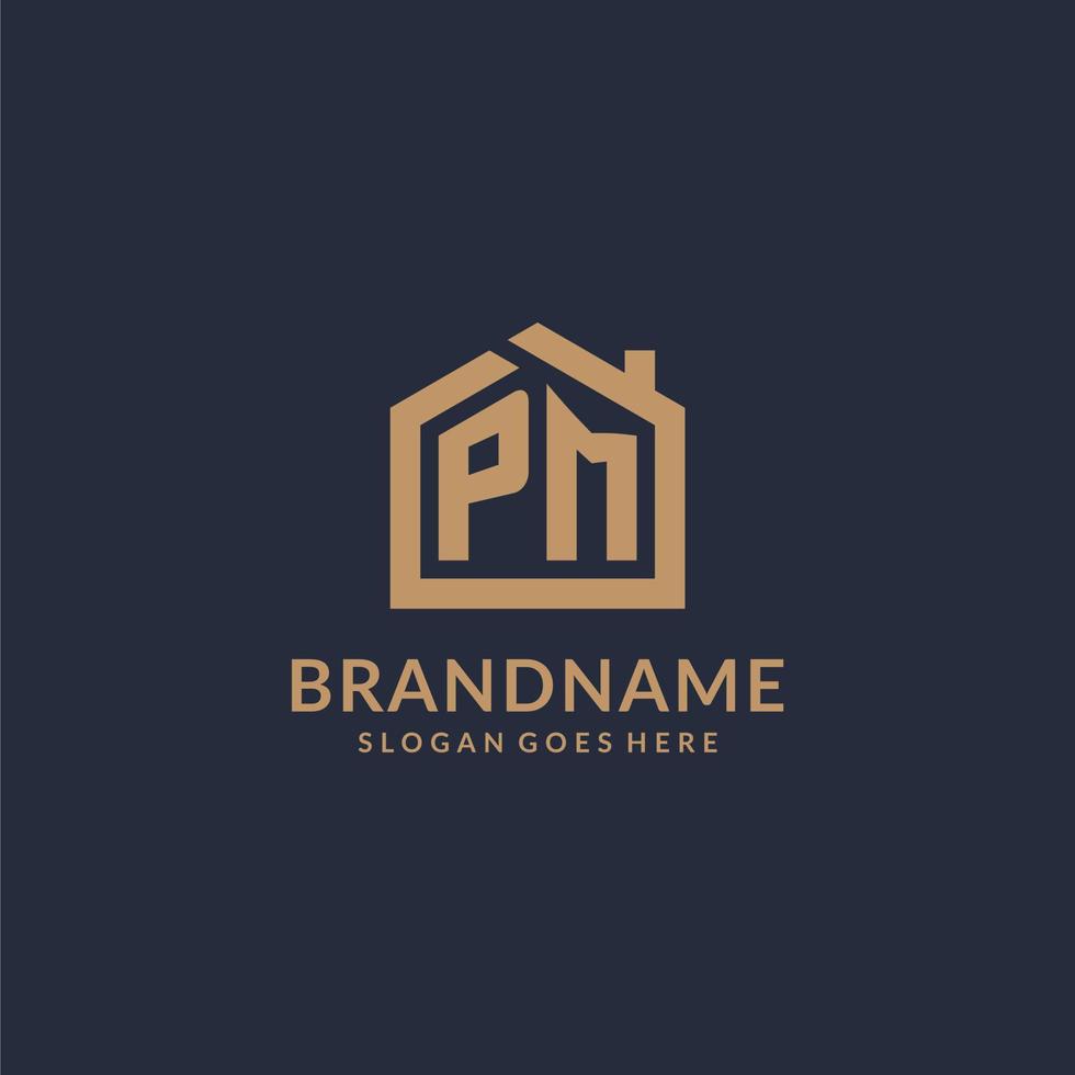 Initial letter PM logo with simple minimalist home shape icon design vector