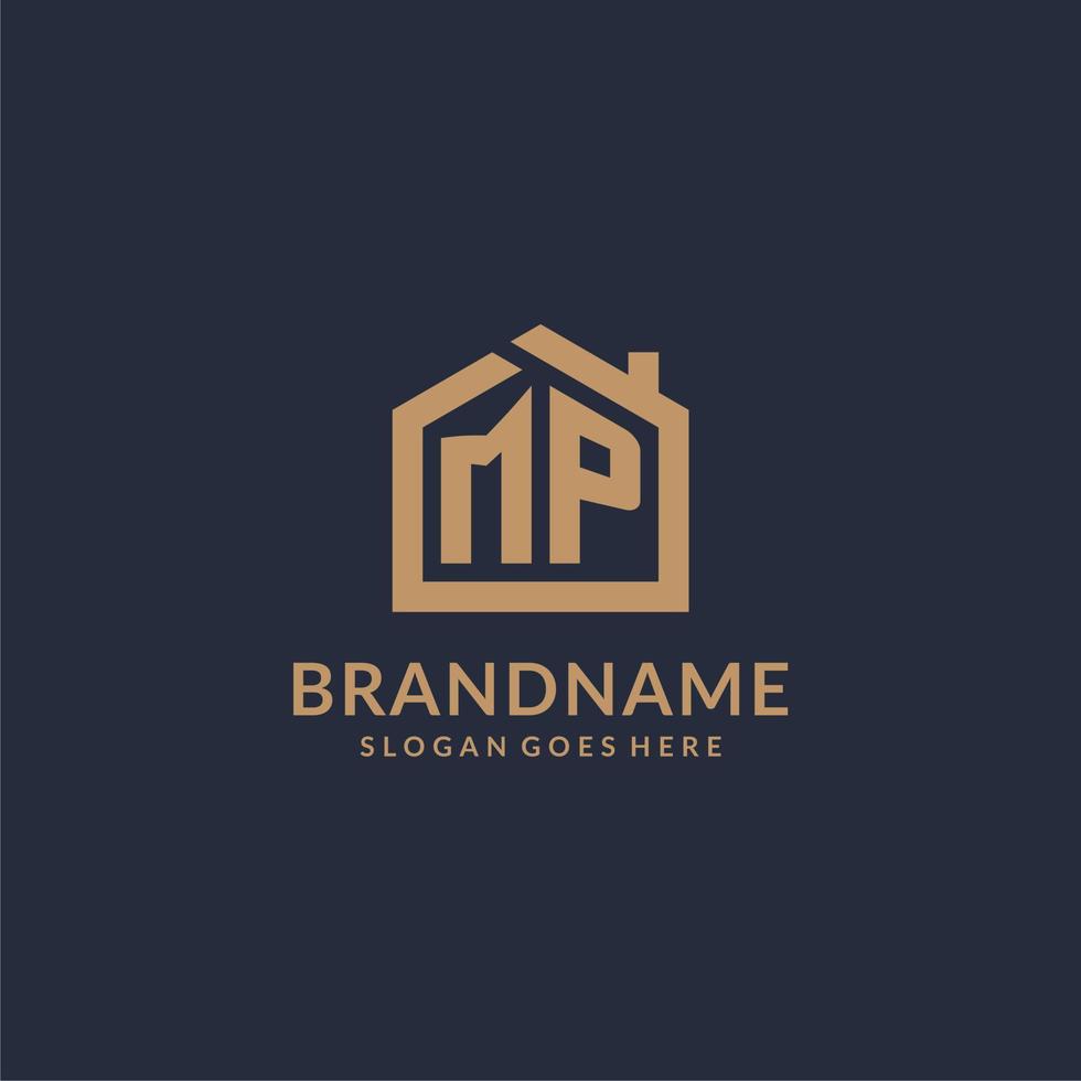 Initial letter MP logo with simple minimalist home shape icon design vector