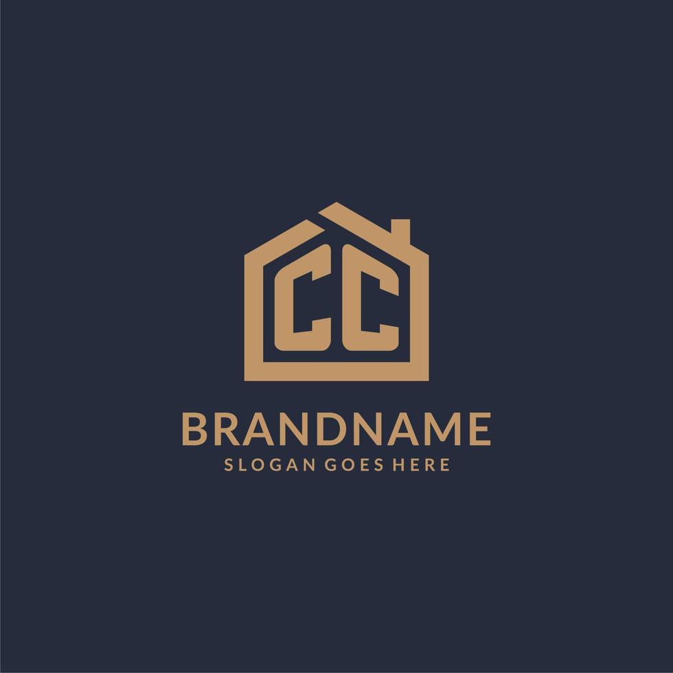 Initial letter CC logo with simple minimalist home shape icon design vector