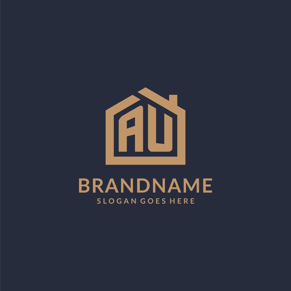 Initial letter AU logo with simple minimalist home shape icon design vector