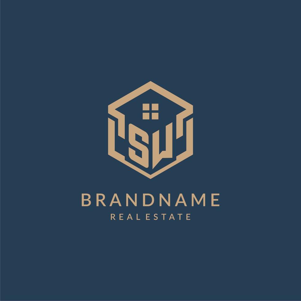 Initial letter SW hexagonal house roof shape icon logo design vector