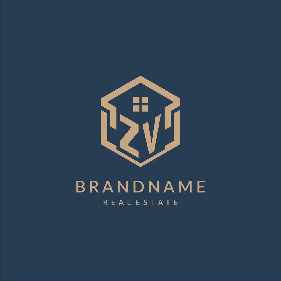 Initial letter ZV hexagonal house roof shape icon logo design vector