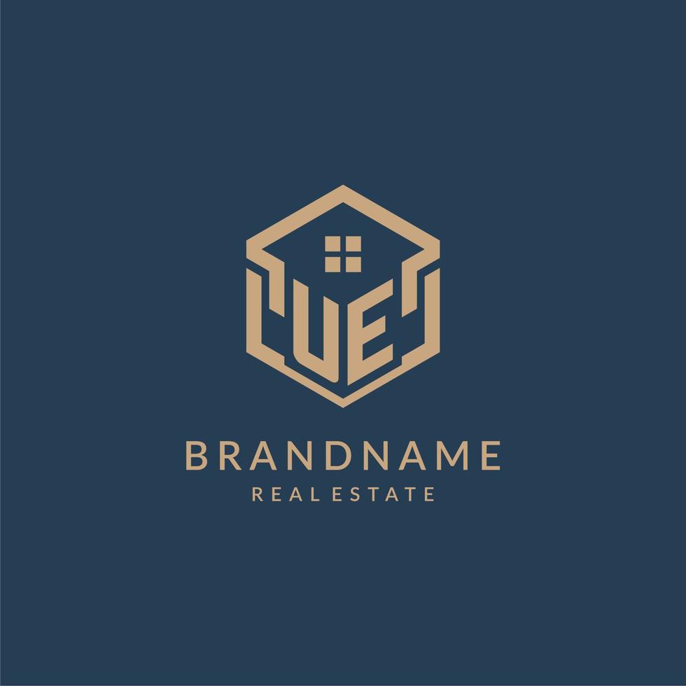 Initial letter UE hexagonal house roof shape icon logo design vector