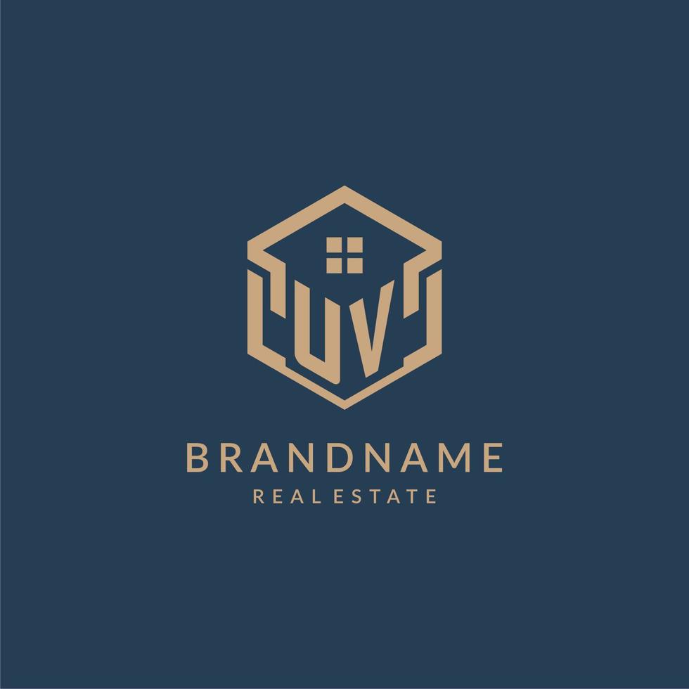 Initial letter UV hexagonal house roof shape icon logo design vector