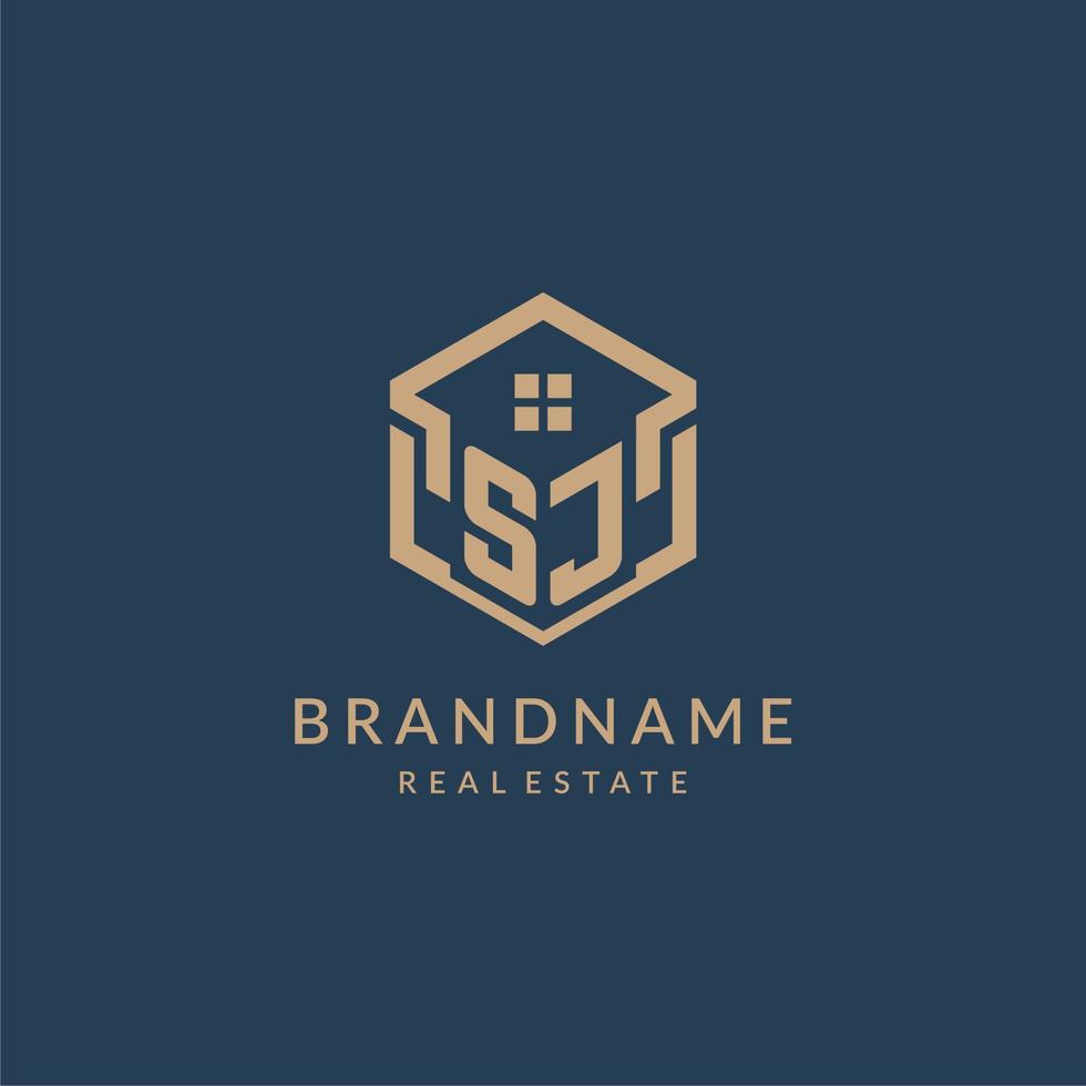 Initial letter SJ hexagonal house roof shape icon logo design vector