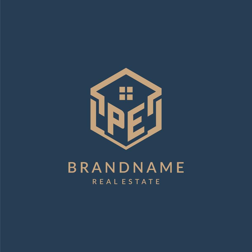 Initial letter PE hexagonal house roof shape icon logo design vector