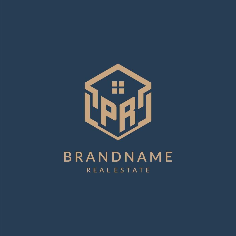 Initial letter PR hexagonal house roof shape icon logo design vector
