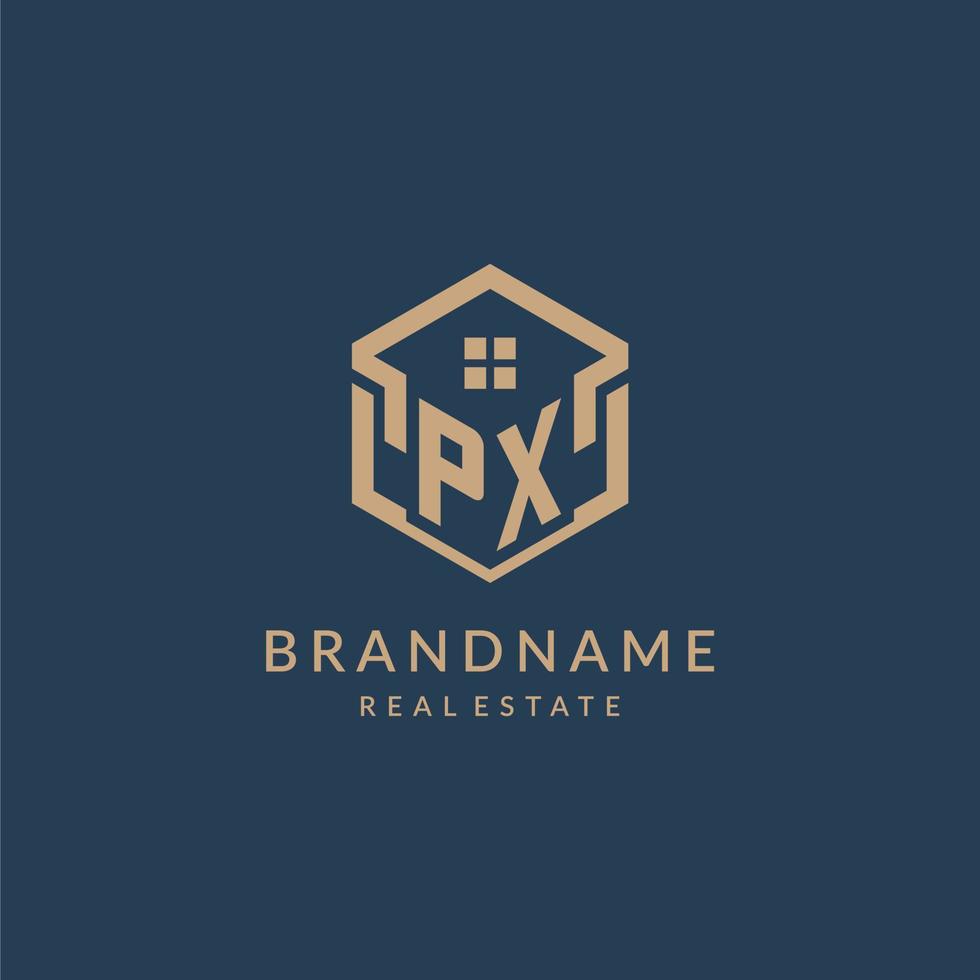 Initial letter PX hexagonal house roof shape icon logo design vector