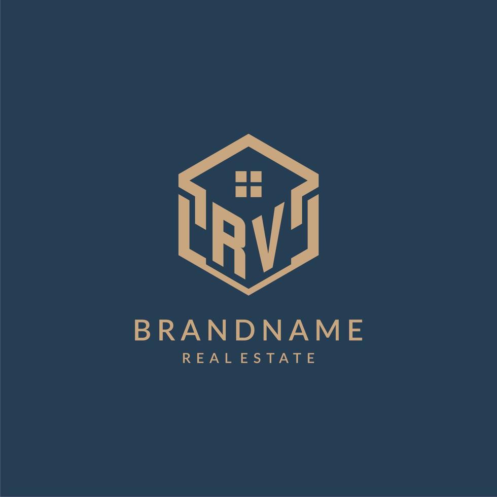 diseño de logotipo de icono de forma de techo de casa hexagonal de letra inicial rv vector