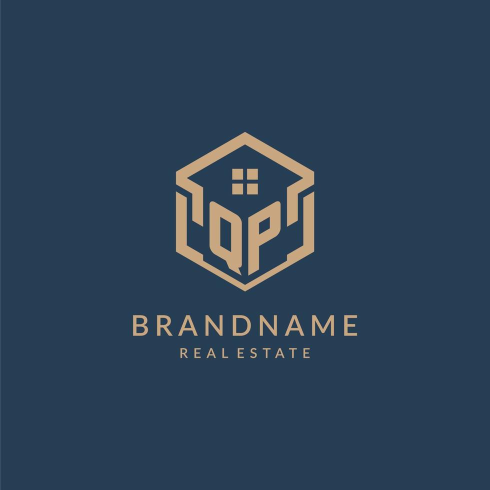 Initial letter QP hexagonal house roof shape icon logo design vector