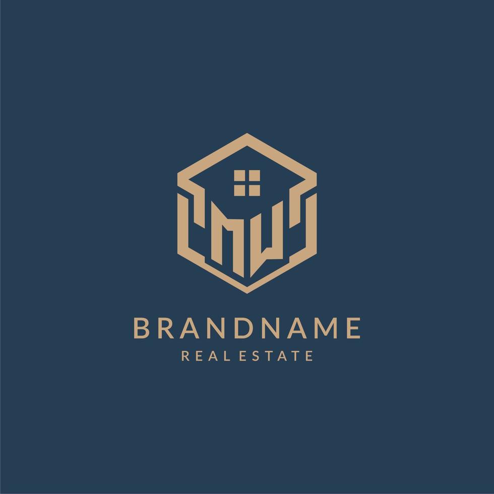 Initial letter MW hexagonal house roof shape icon logo design vector