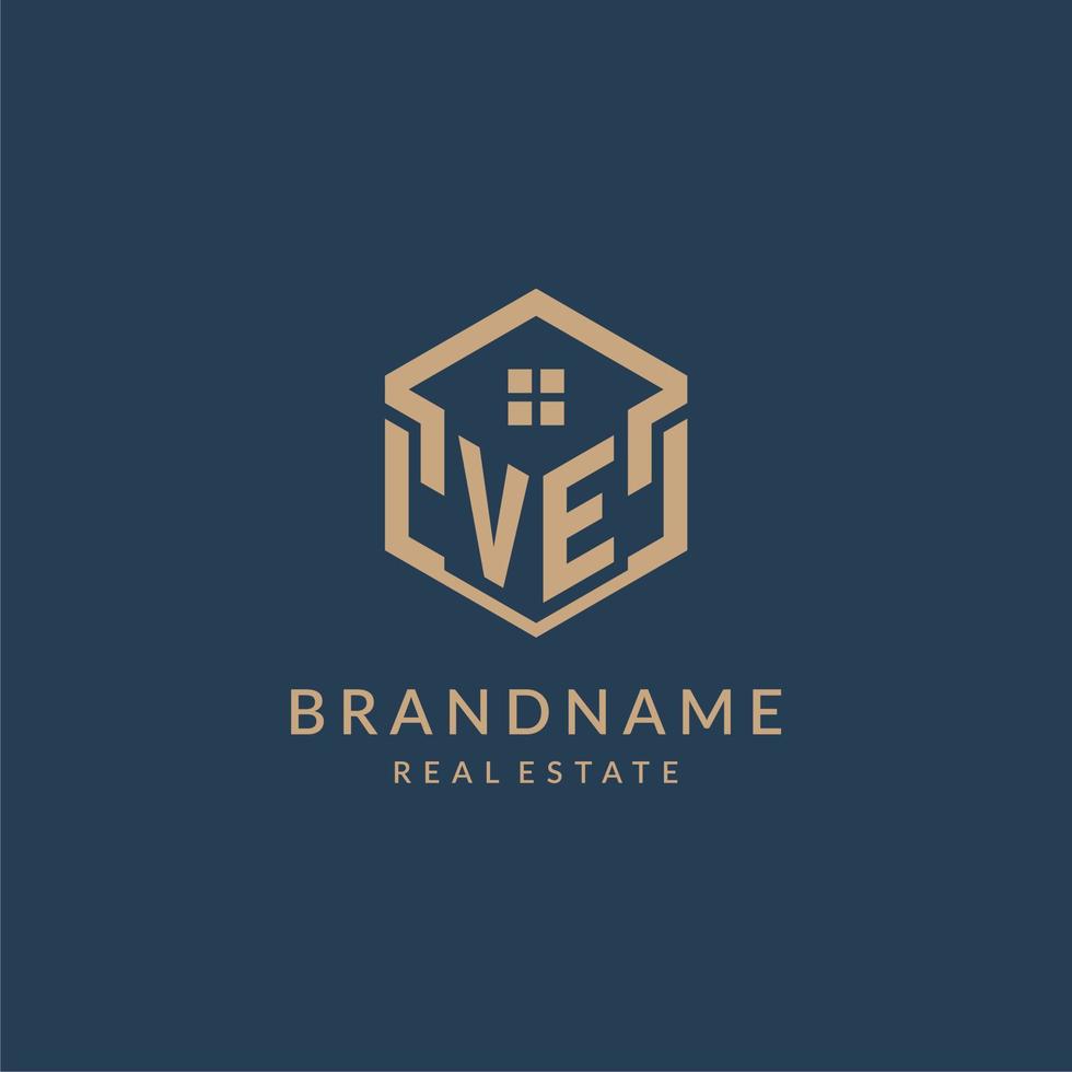 Initial letter VE hexagonal house roof shape icon logo design vector