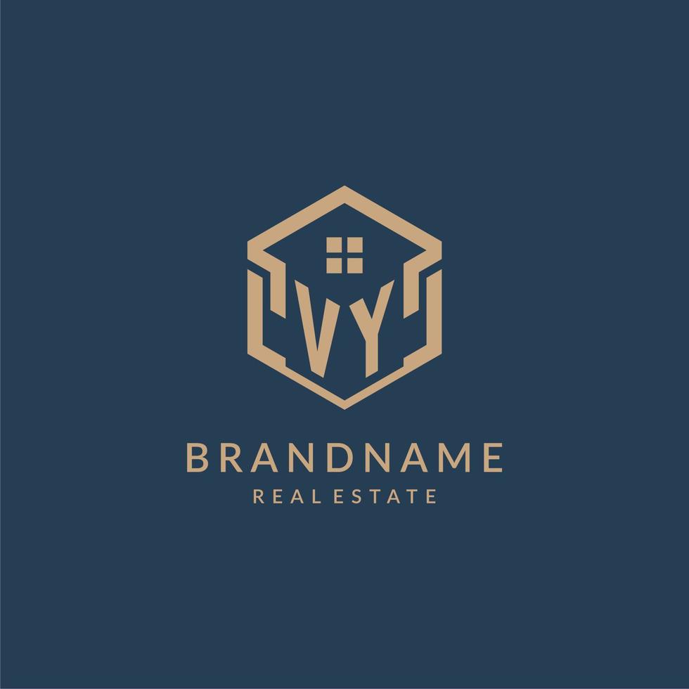 diseño de logotipo de icono de forma de techo de casa hexagonal de letra inicial vy vector