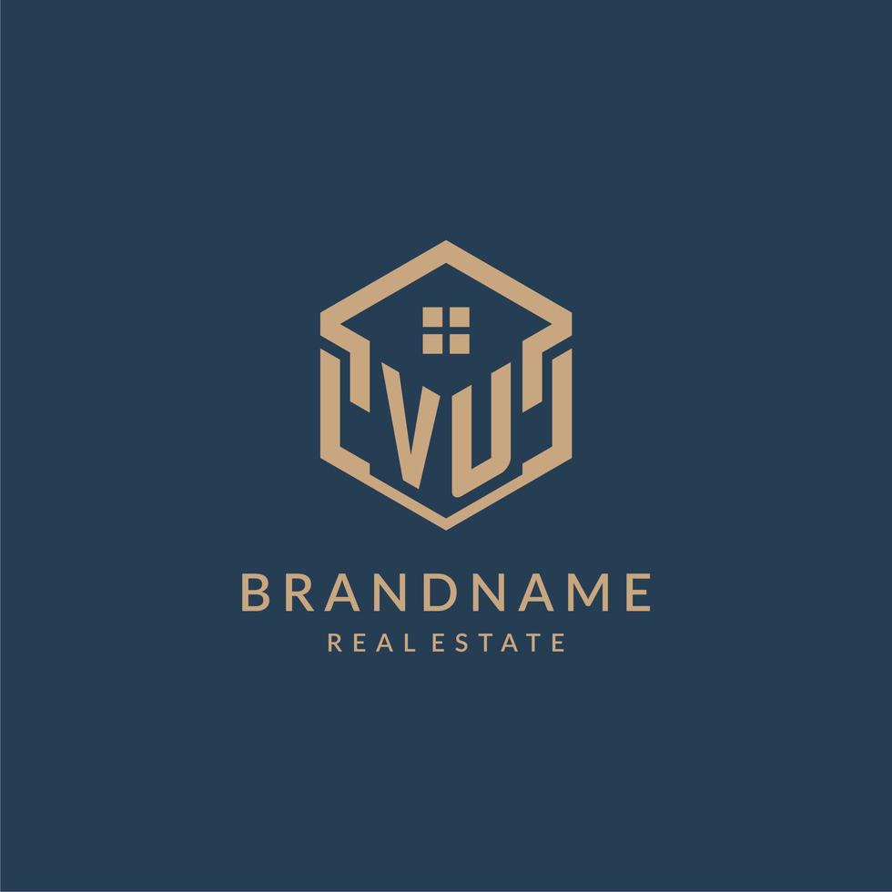 Initial letter VU hexagonal house roof shape icon logo design vector