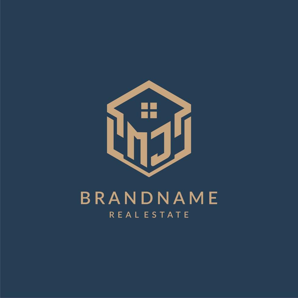 Initial letter MJ hexagonal house roof shape icon logo design vector