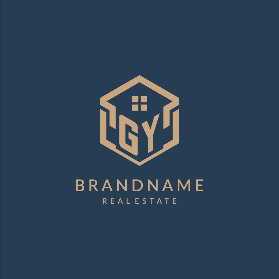 diseño de logotipo de icono de forma de techo de casa hexagonal de letra inicial gy vector
