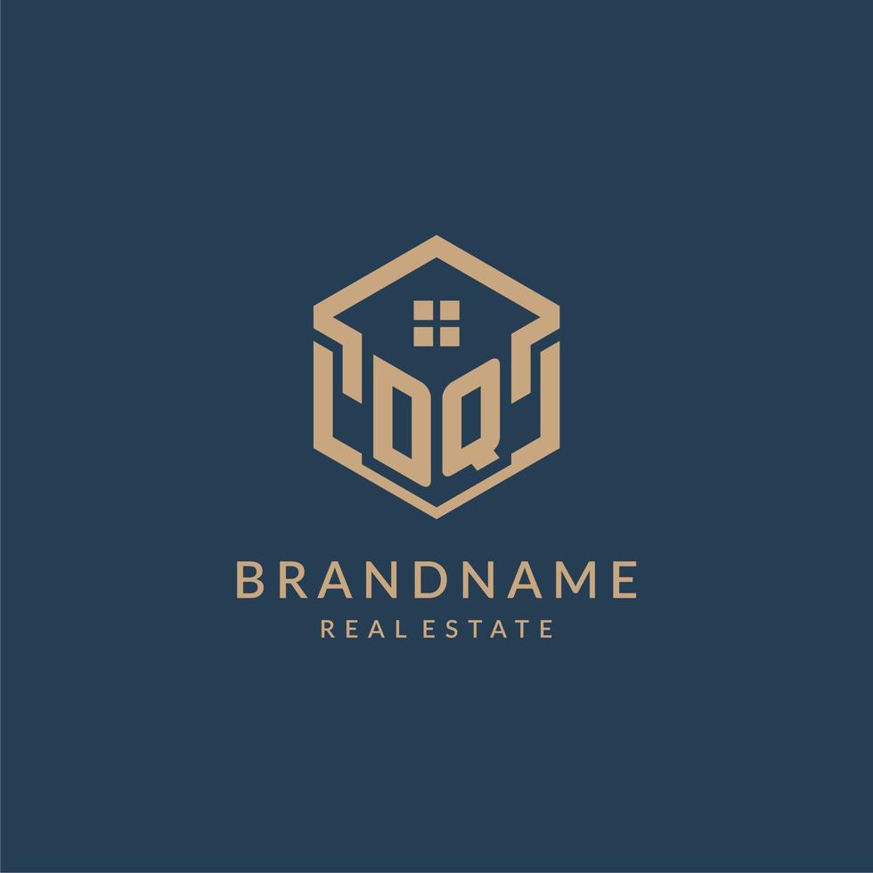 Initial letter DQ hexagonal house roof shape icon logo design vector