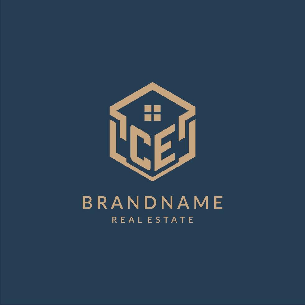 Initial letter CE hexagonal house roof shape icon logo design vector