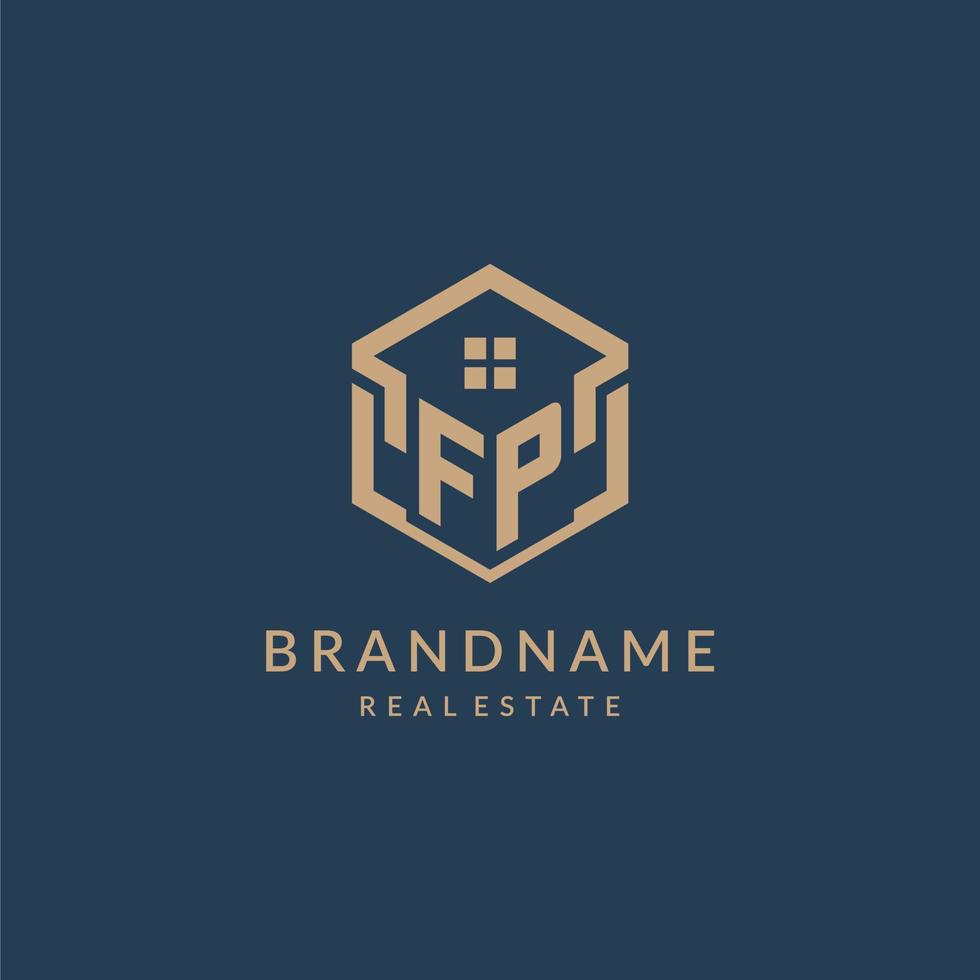 Initial letter FP hexagonal house roof shape icon logo design vector