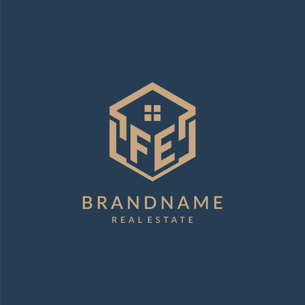 Initial letter FE hexagonal house roof shape icon logo design vector