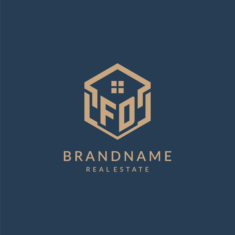 Initial letter FD hexagonal house roof shape icon logo design vector