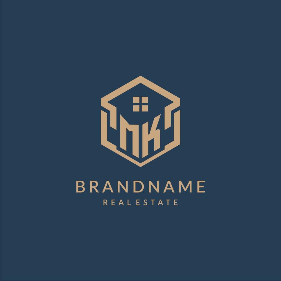 Initial letter MK hexagonal house roof shape icon logo design vector