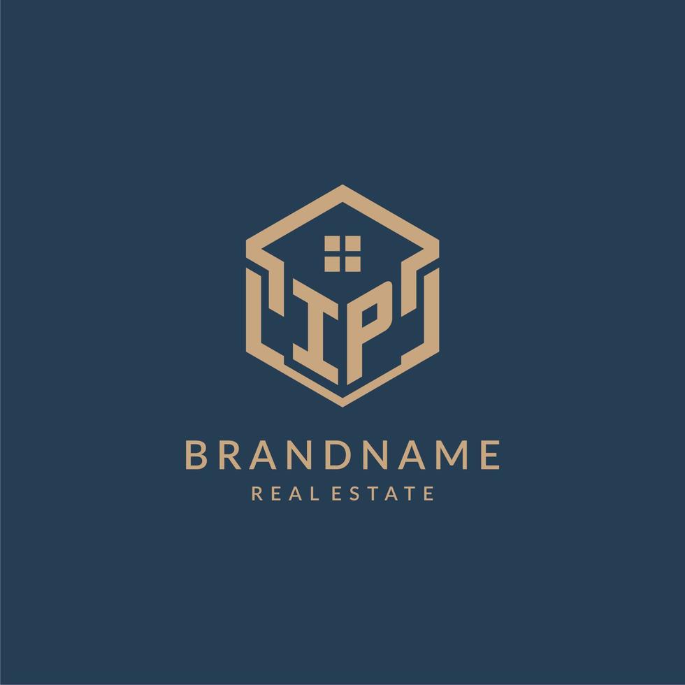 Initial letter IP hexagonal house roof shape icon logo design vector