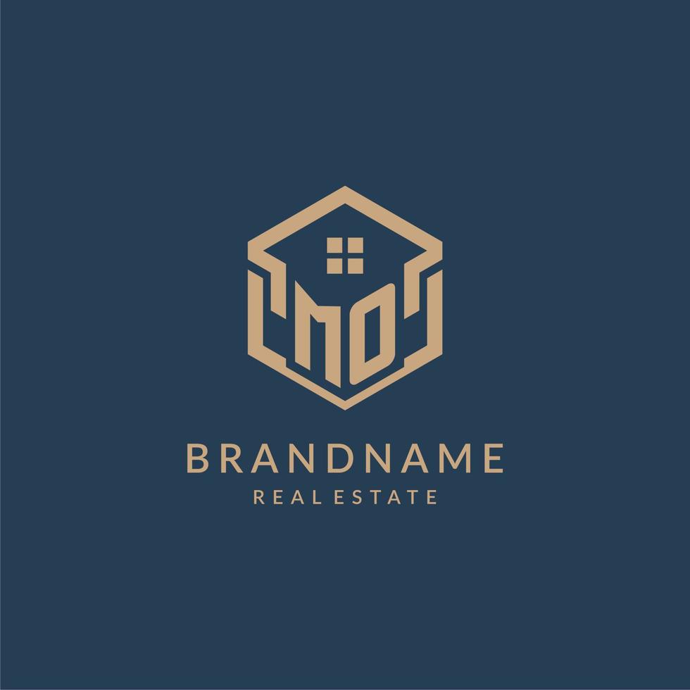 Initial letter MO hexagonal house roof shape icon logo design vector