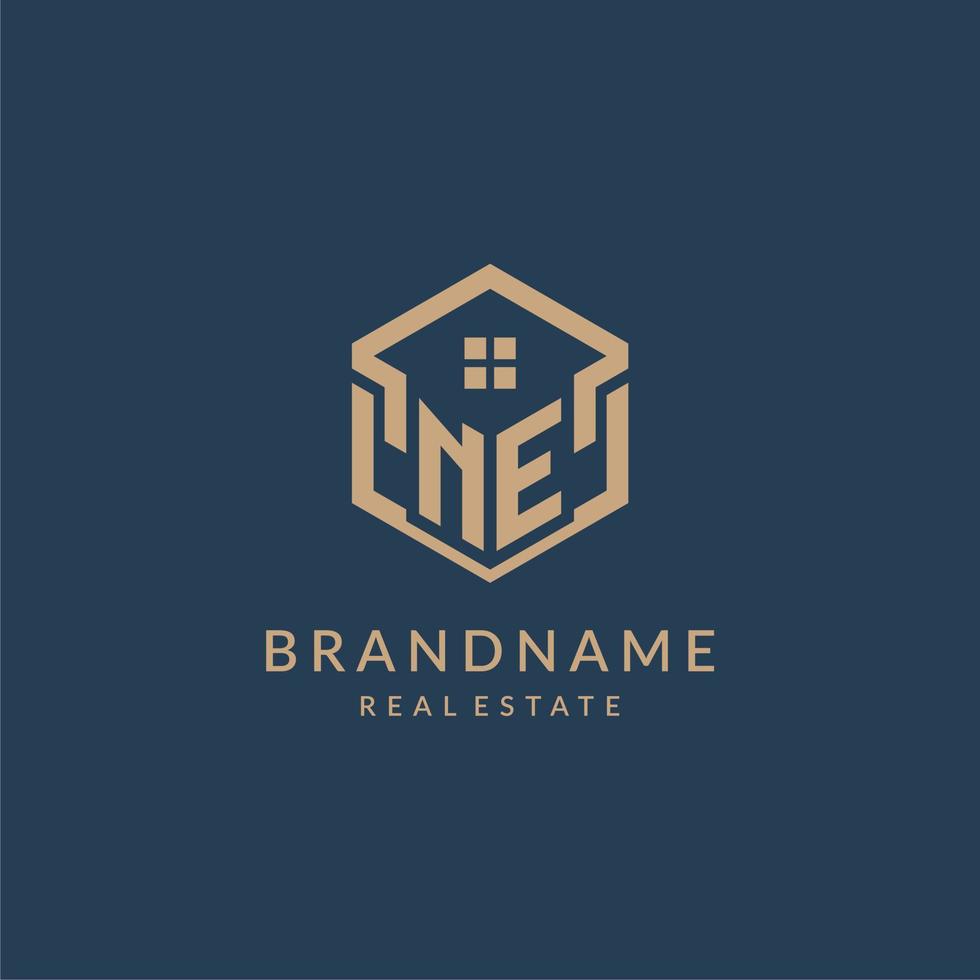 Initial letter NE hexagonal house roof shape icon logo design vector