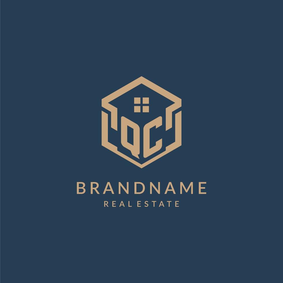 Initial letter QC hexagonal house roof shape icon logo design vector