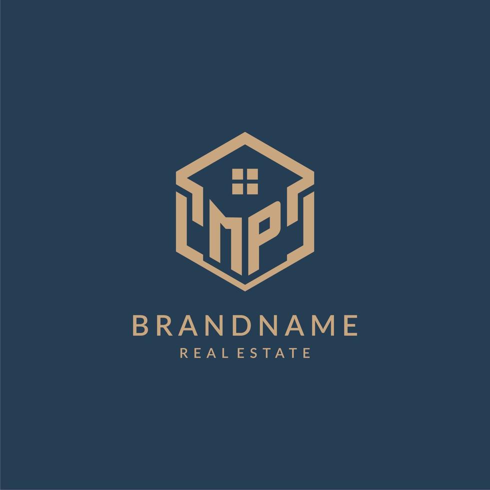 Initial letter MP hexagonal house roof shape icon logo design vector