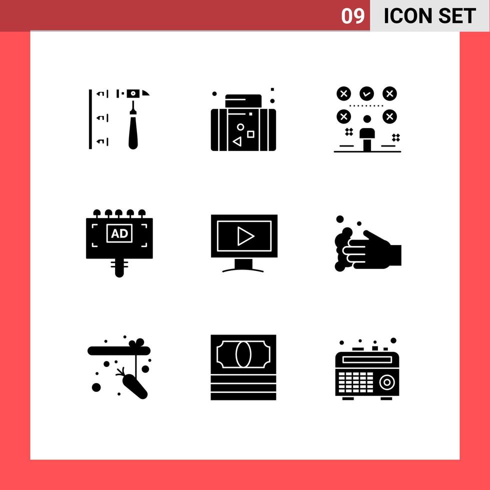 Modern Set of 9 Solid Glyphs Pictograph of signboard advertising vacation ad user Editable Vector Design Elements