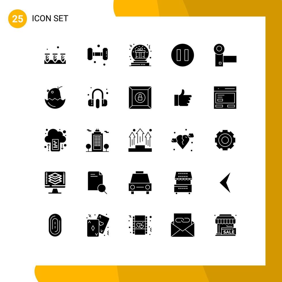 Group of 25 Modern Solid Glyphs Set for electronics camcorder present pause globe Editable Vector Design Elements