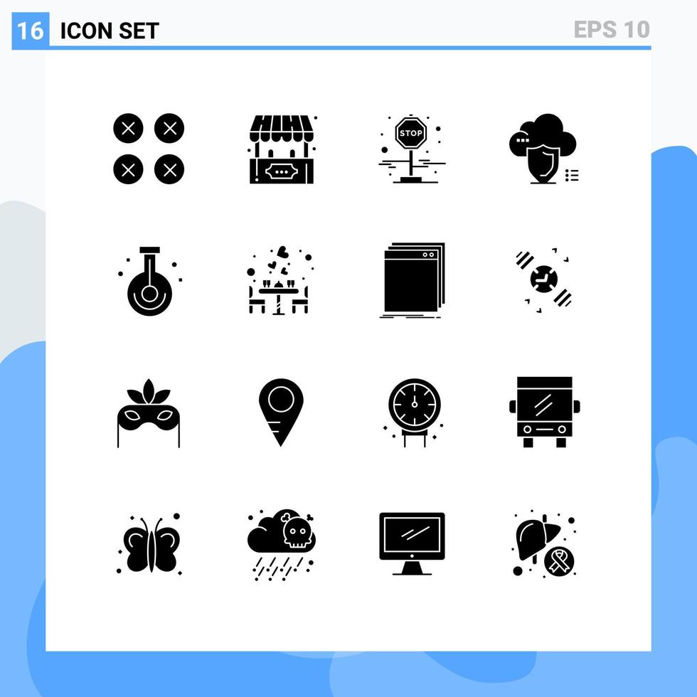 Universal Icon Symbols Group of 16 Modern Solid Glyphs of beaker safety play shield cloud Editable Vector Design Elements