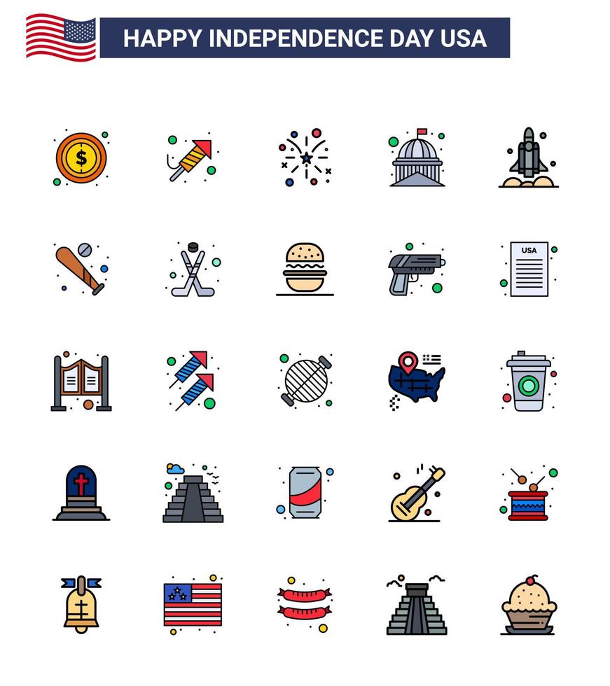 USA Independence Day Flat Filled Line Set of 25 USA Pictograms of launcher usa firework landmark building Editable USA Day Vector Design Elements