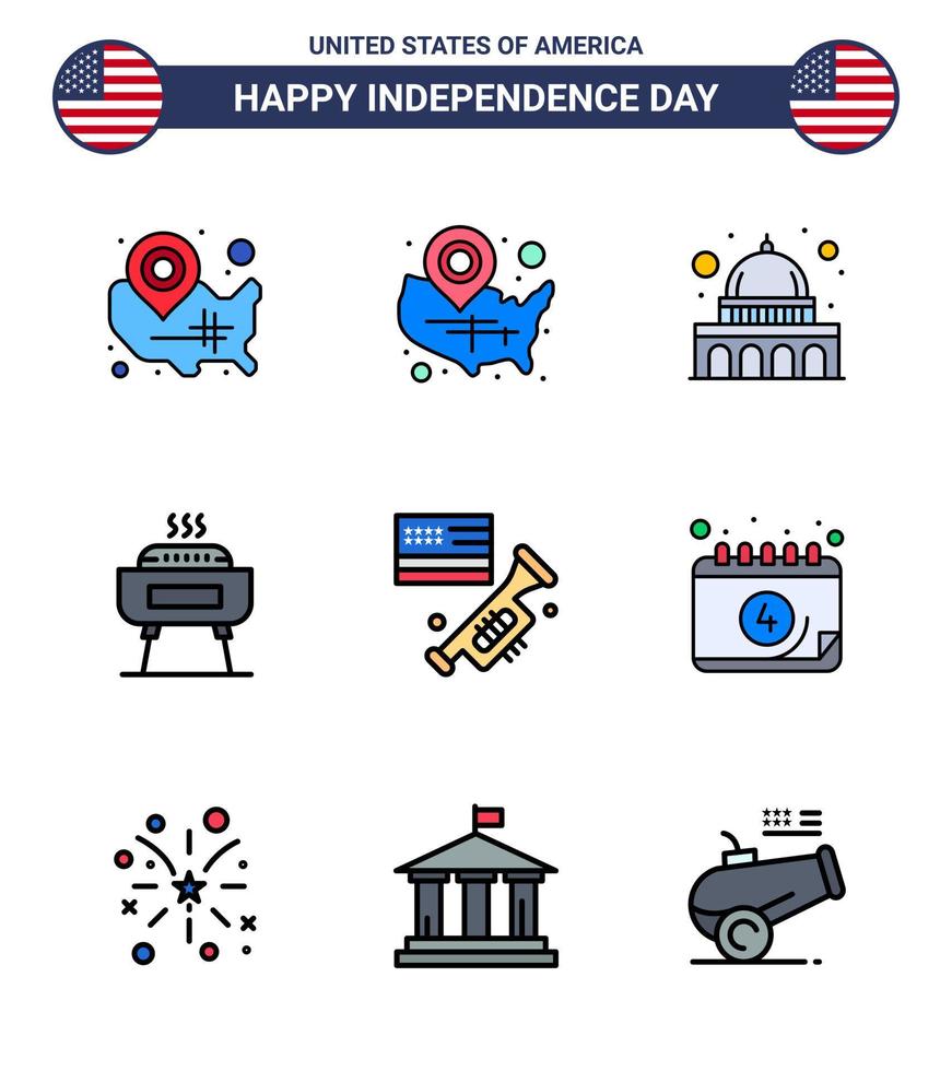 Happy Independence Day Pack of 9 Flat Filled Lines Signs and Symbols for american laud wisconsin speaker holiday Editable USA Day Vector Design Elements