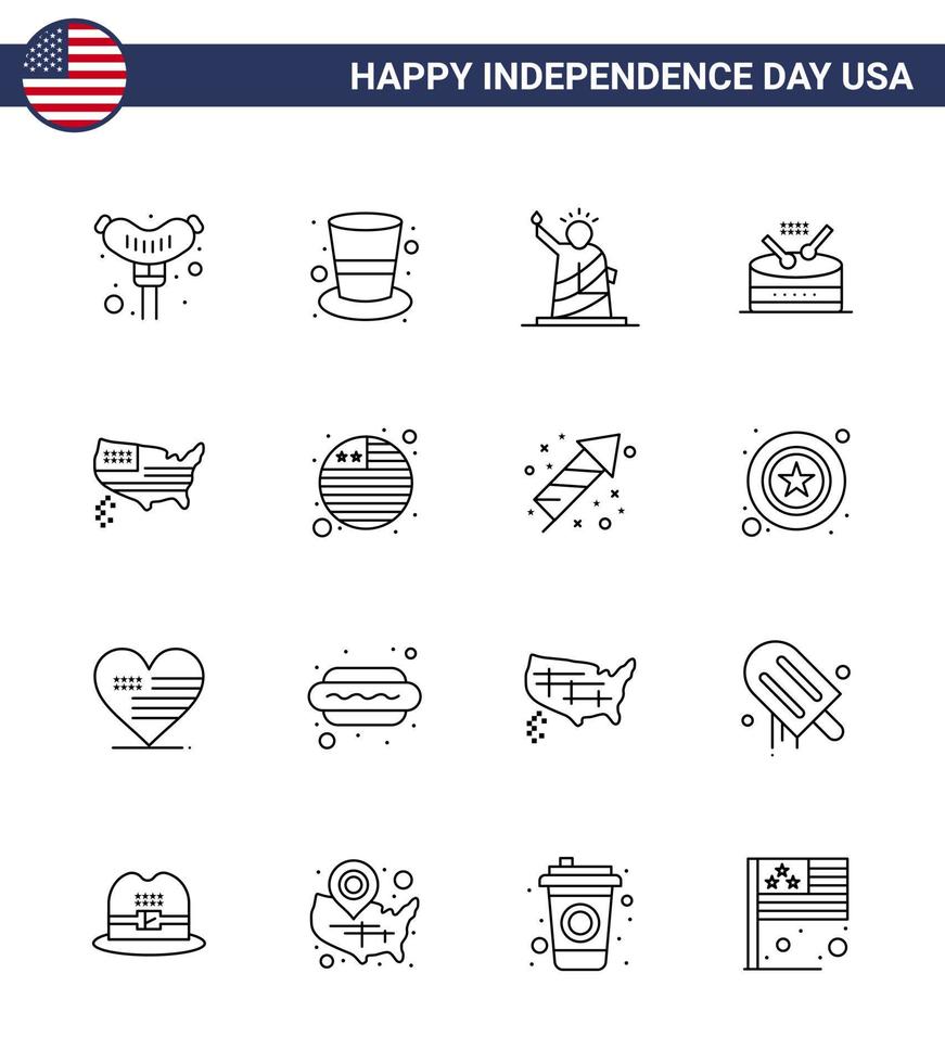 feliz día de la independencia paquete de iconos de 16 líneas para web e impresión de mapa desfile libertad música tambor elementos de diseño vectorial del día de estados unidos editables vector