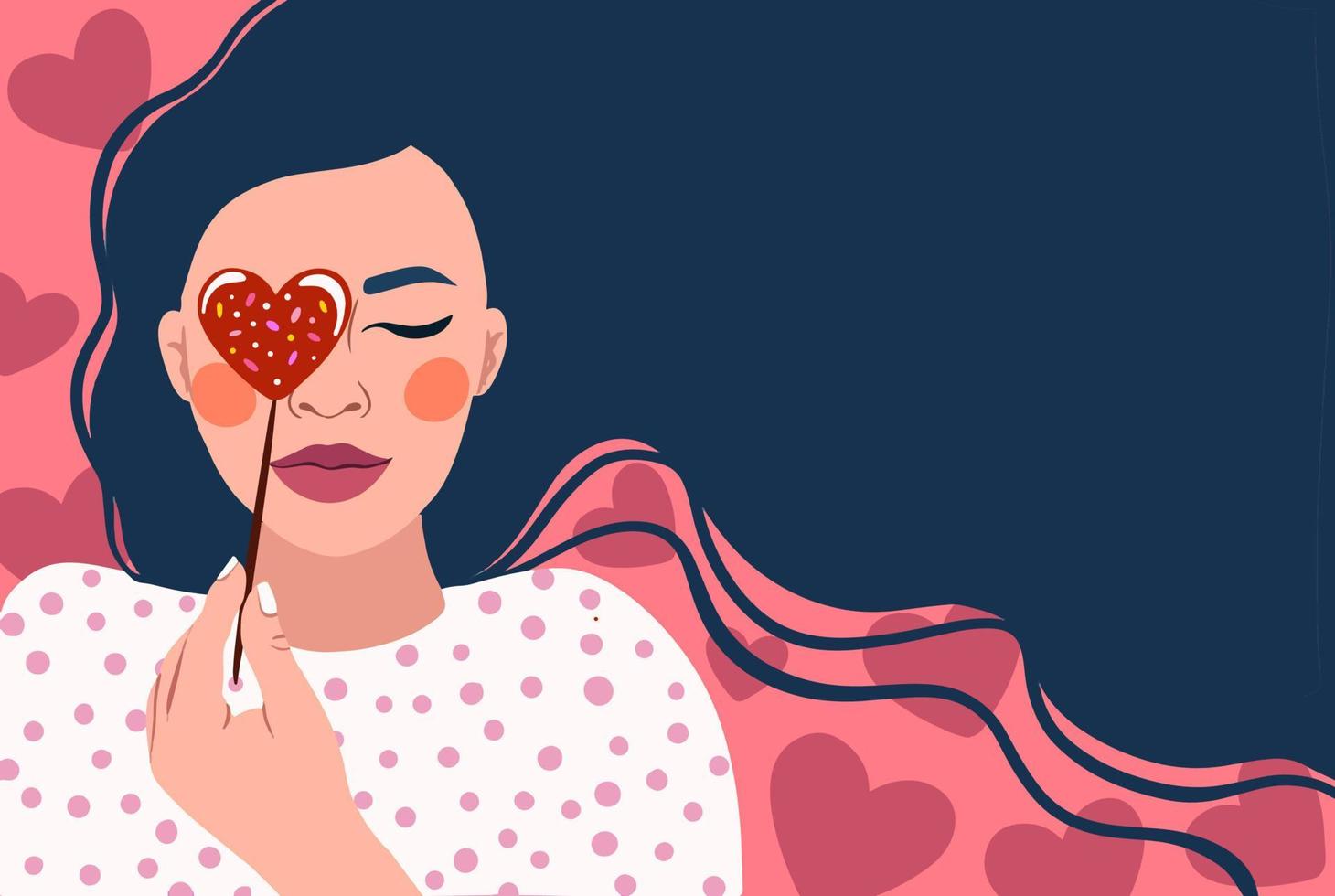 Happy Valentine's Day greeting card, banner. Romantic poster with cute girl and candy heart vector