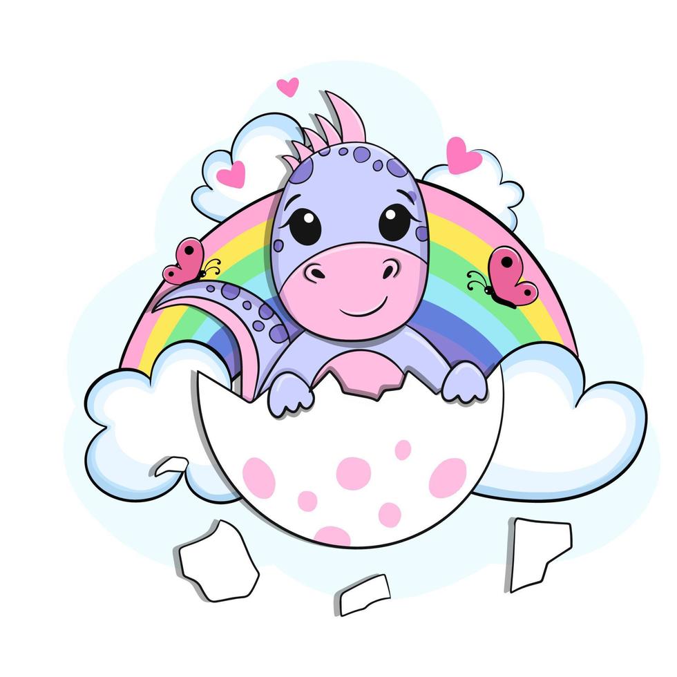 Cute little dinosaur with rainbow and clouds. cartoon vector