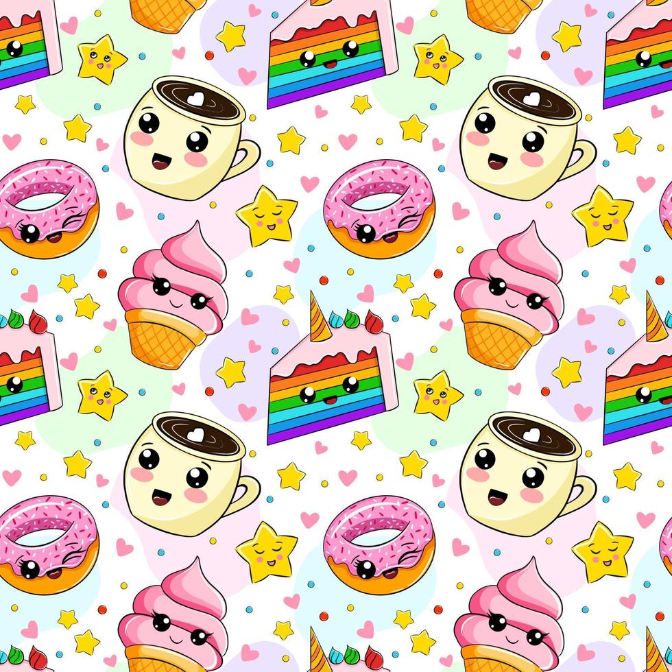 seamless pattern cute food characters.colorful kawaii sweets, vector isolated on white