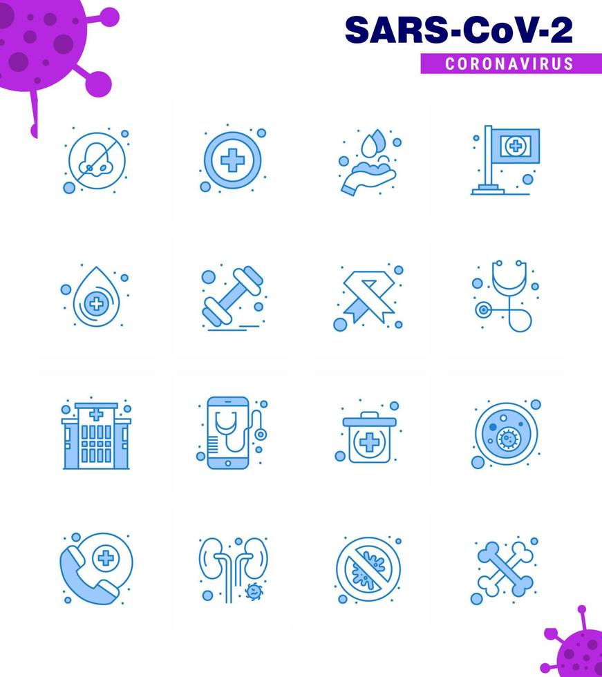 16 Blue Set of corona virus epidemic icons such as dumbbell drop hands blood flag viral coronavirus 2019nov disease Vector Design Elements