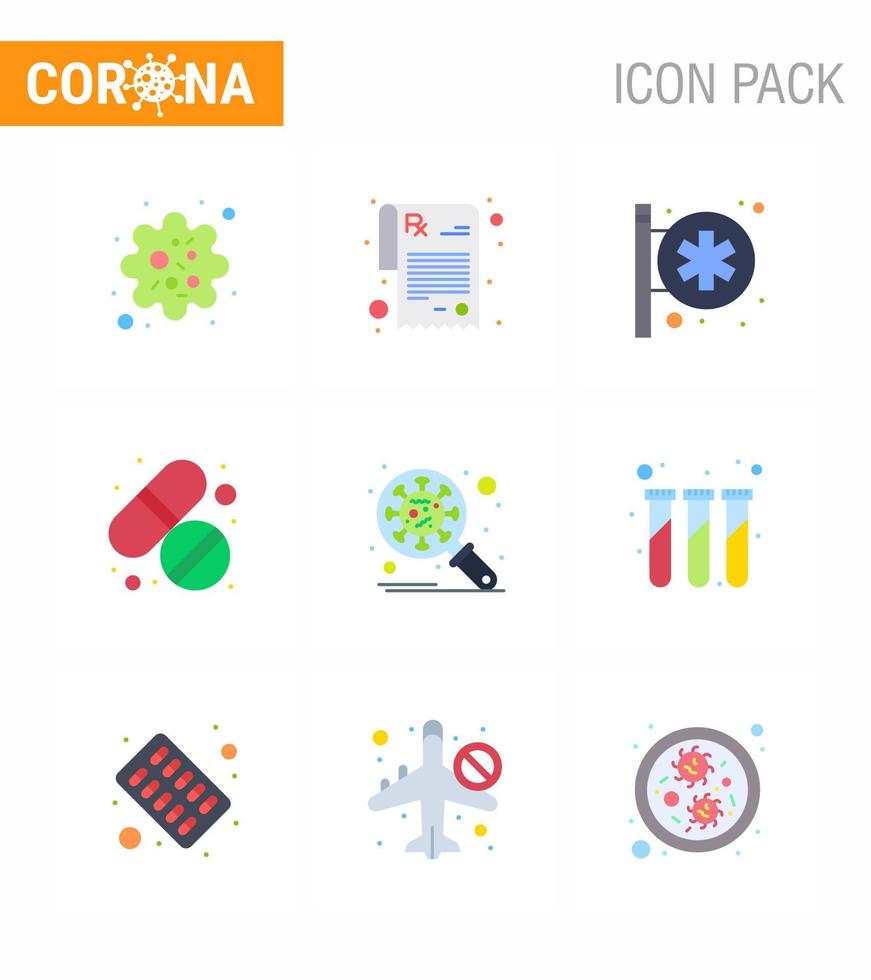 9 Flat Color viral Virus corona icon pack such as protection bacteria hospital signboard care pill viral coronavirus 2019nov disease Vector Design Elements