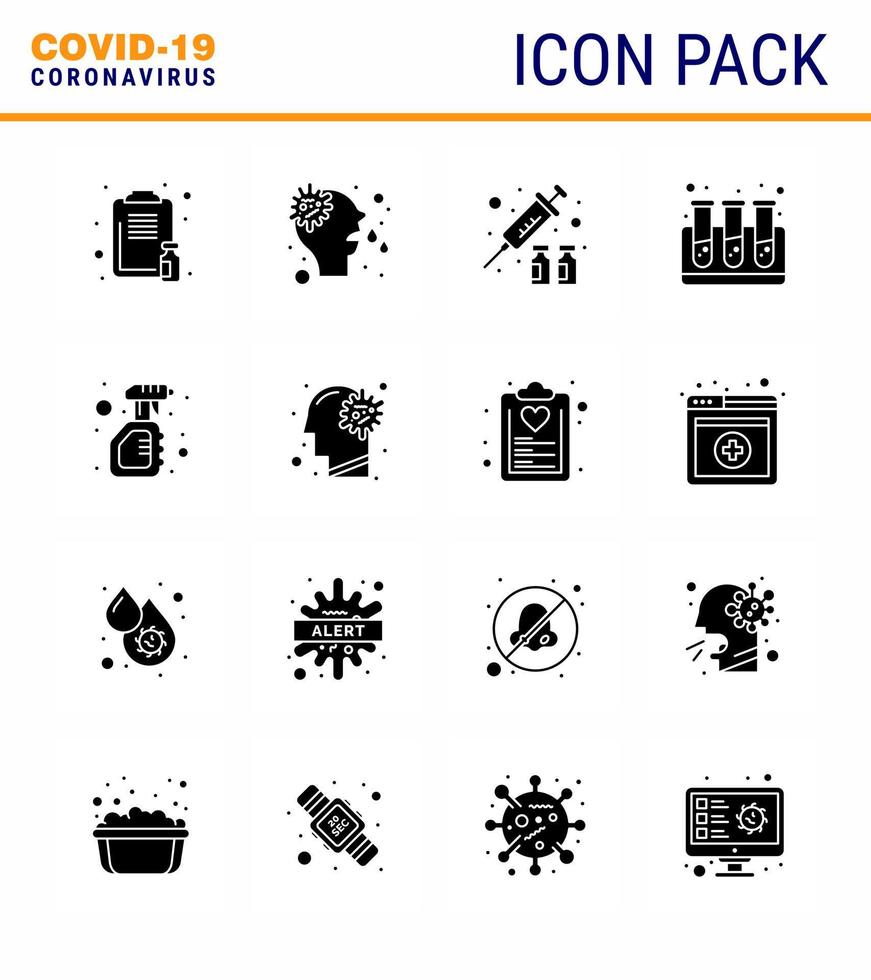 16 Solid Glyph Black Set of corona virus epidemic icons such as solid test tubes virus test medicine viral coronavirus 2019nov disease Vector Design Elements