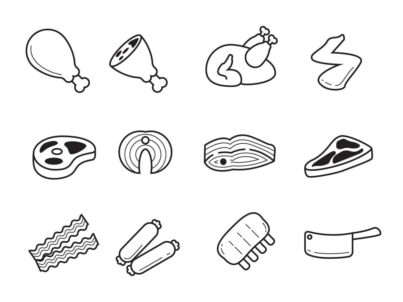 Set of meat icons with linear style and black color isolated on white background vector