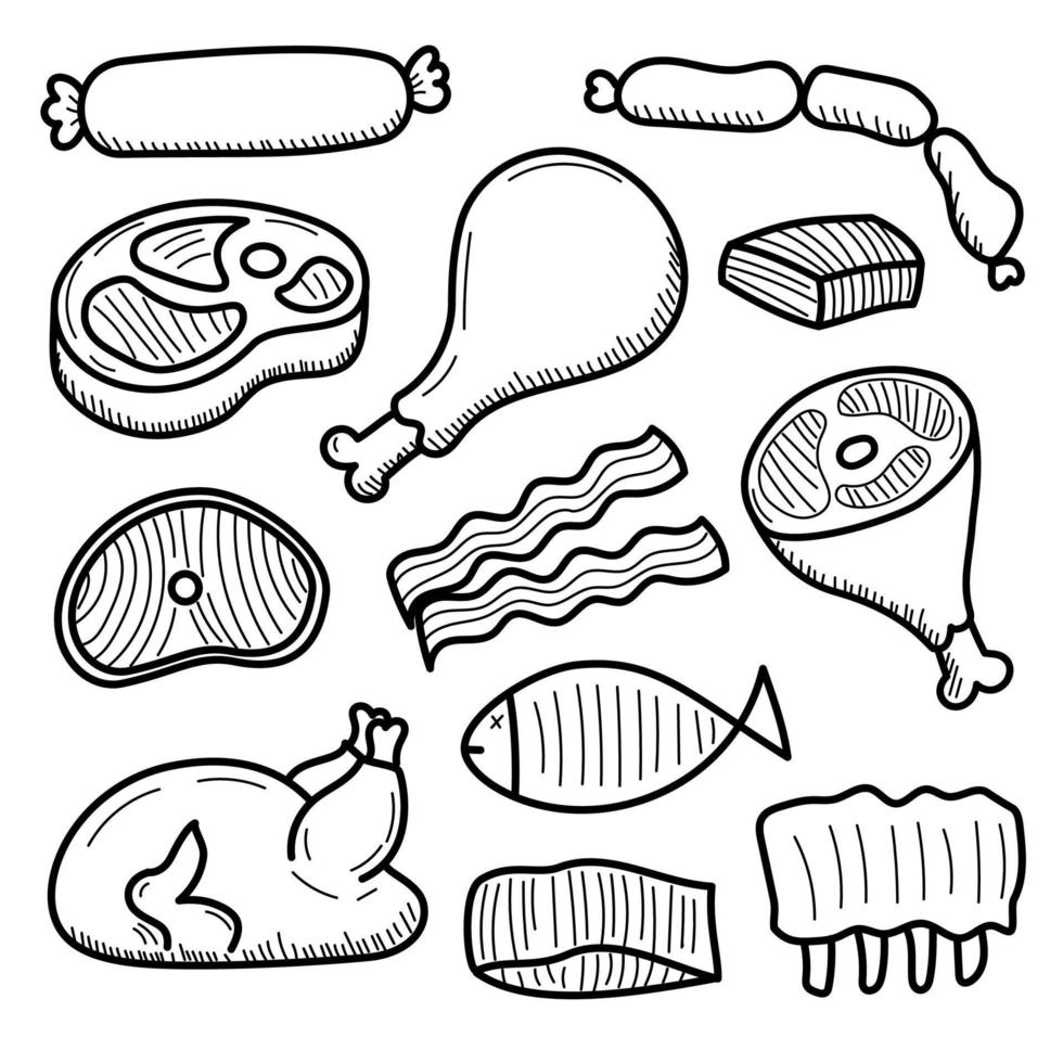 Set of meat vector illustration with doodle style isolated on white